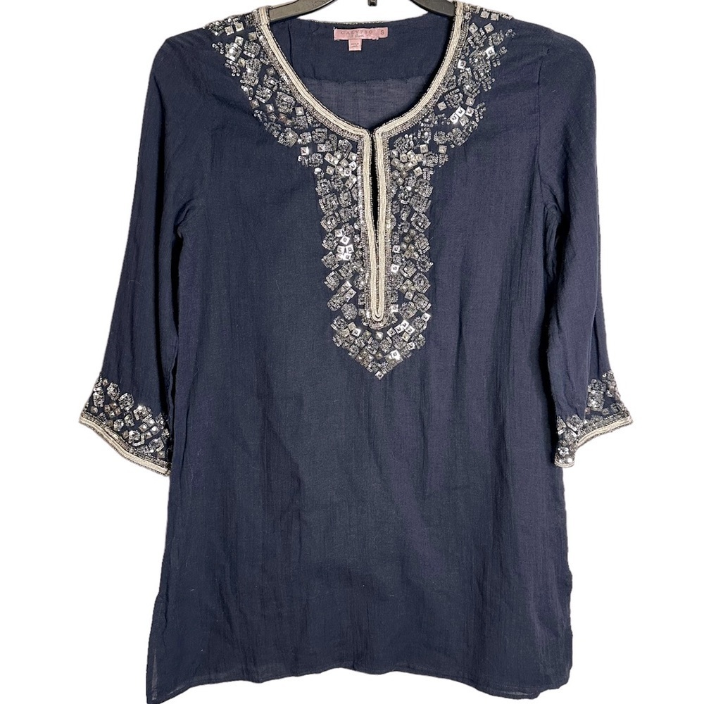 Calypso‎ St. Barth Sequined Beaded Tunic Top Gauzy 100% Cotton India Small